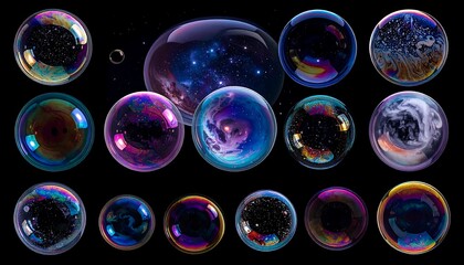 A collection of iridescent soap bubbles, each displaying unique patterns and colors, resembling celestial bodies against a black backdrop.