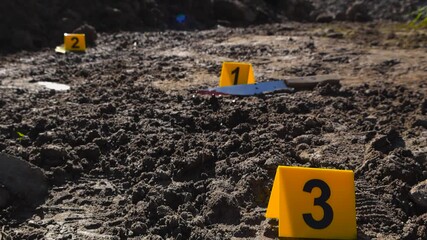 Close up view of yellow crime markers next to forensic investigation evidence like bloody knife, golden Bitcoin cryptocurrency and footprint on a muddy road, sunny day.