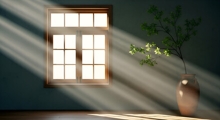 Sunlight streams through a window, illuminating a vase with a plant, creating a serene and peaceful atmosphere