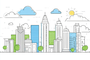Obraz premium Modern city skyline vector illustration with colorful buildings and a bright sunny sky ideal for urban themes
