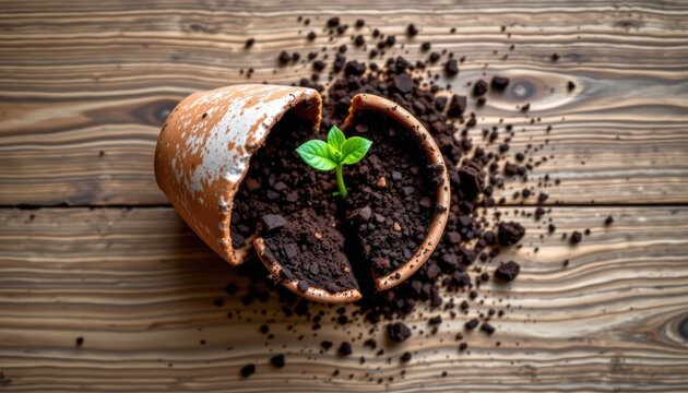 Flat lay composition of ceramic pot broken in half