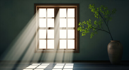 Sunlight streams through a window, illuminating a vase with a plant, creating a serene and peaceful atmosphere