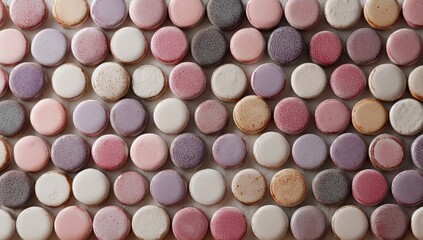 A dense, overhead shot of numerous pastel-colored macarons arranged in neat rows on a light-grey surface