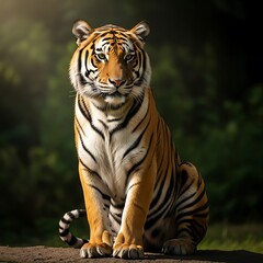 Obraz premium Majestic Bengal Tiger Sitting in Lush Green Forest Environment