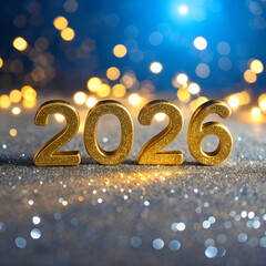 Golden 2026 New Year Celebration with Sparkling Lights, 
Shiny Glitter 2026 Numbers with Festive Bokeh Background