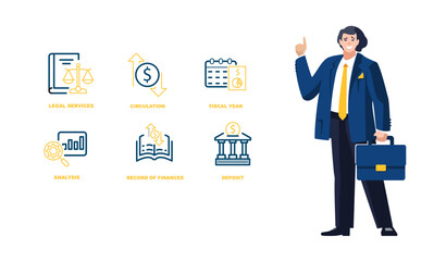 Businessman with briefcase, Business, people. Financial market analysis, icons, signs. Investor, money, investment growth financing. Blue design, background. Banner, profitability. Vector illustration