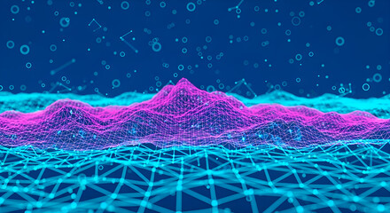Abstract digital landscape with glowing particles and wireframe grid, creating a futuristic and dynamic scene
