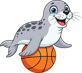 Happy cartoon seal balancing on an orange basketball, playful aquatic animal illustration, kids friendly, fun sports and wildlife concept design