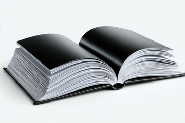 A large, open hardcover book with black pages and a dark cover lies on a white background, showcasing its thick pages and sleek design