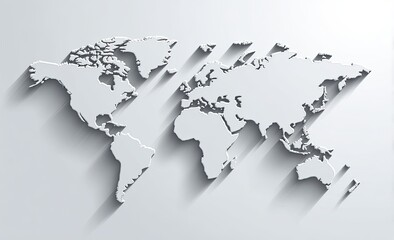 Naklejka premium A minimalist grayscale world map with a subtle embossed effect and long shadows cast on a light gray background