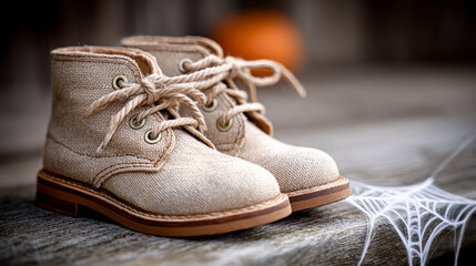 Pair of brown shoes with a white lace on the top
