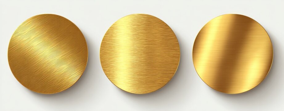 Three oval gold discs showcasing varying brushed metallic textures; diagonal, vertical, and smooth