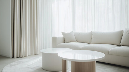 Modern living room with clean, minimal design and natural light, embodying simplicity and elegance.