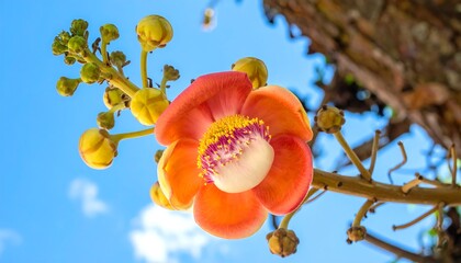 A vibrant, orange-red flower blossoms against a vibrant blue sky, showcasing delicate details and a stunning natural beauty.