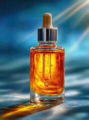 Amber serum in glass dropper bottle, backlit, casting a shadow on a dark blue surface
