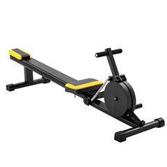 Modern black and yellow rowing machine for home gym fitness and exercise isolated on transparent background