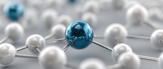 A central teal sphere connects to several off-white spheres via metallic rods in a complex network