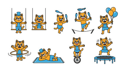 Fototapeta premium Circus Cat Performance: An illustrated circus cat performs a series of daring feats, including juggling, tightrope walking, and swinging. A whimsical display of talent.