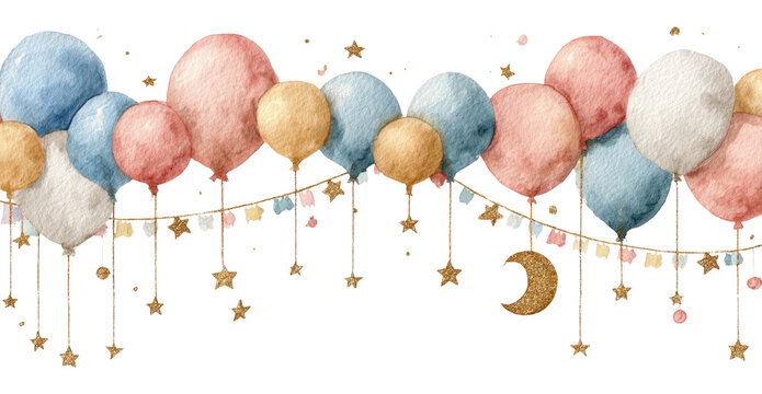 Whimsical Watercolor Balloons with Stars and Moon for Celebration Design