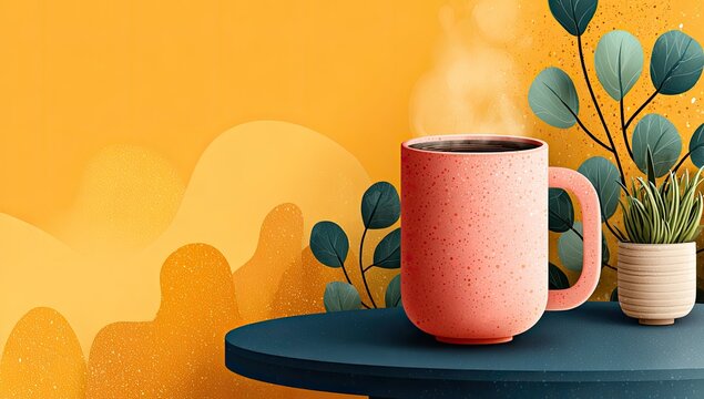Steaming coffee in a speckled pink mug sits on a dark table, beside potted plants, against a warm yellow background with abstract shapes - Powered by Adobe