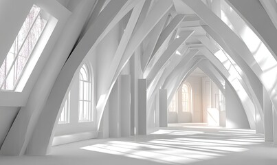 Sunlit white cathedral-like hall with high, angled ceilings and arched windows, showcasing minimalist architecture and bright, spacious interior