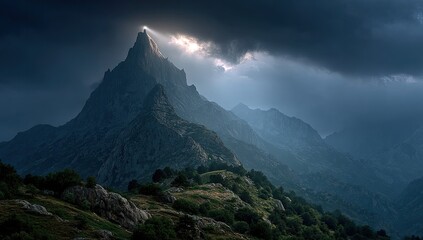 Dramatic sunburst illuminates a jagged, dark mountain peak piercing brooding storm clouds above a verdant valley