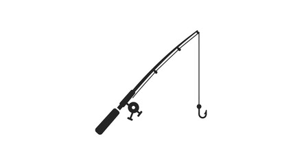 Simple black and white illustration of a fishing rod with a hook