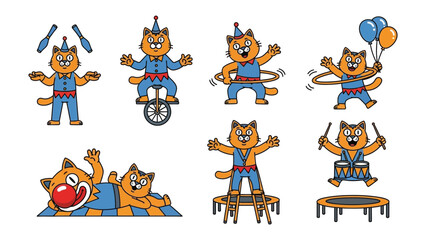 Fototapeta premium Circus Cat Performances: Adorable cartoon cat characters showcasing a variety of circus acts, from juggling and unicycling to drumming and acrobatics.