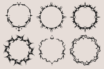 Gothic tribal frame set with black ornamental borders and sharp decorative corners for dark fantasy designs. Round silhouettes with flame like curves for tattoo or metal album artwork.