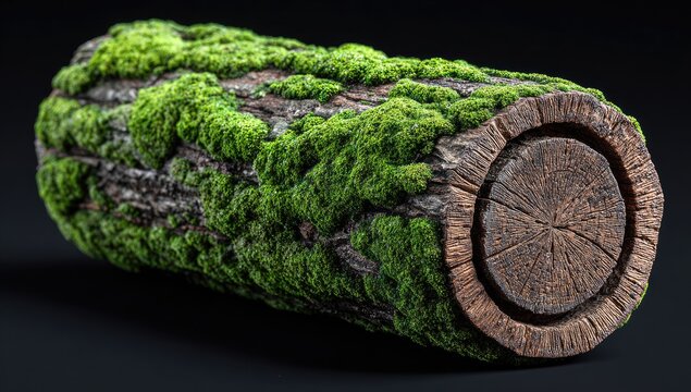 Moss-covered log, horizontally oriented, showing a cross-section at one end against a black background; texture is detailed