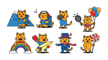 Obraz premium Cartoon Cats Embark on Adventures: Adorable cartoon cats are featured in a variety of fun poses, engaging in different activities. From hiking to cooking, the cats represent imagination.