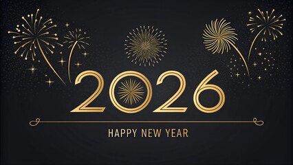 Golden 2026 happy new year with fireworks on black background