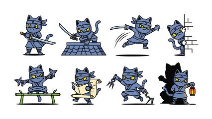 Ninja Cat Character Set: Playful illustrations of ninja cats in dynamic action poses, wielding swords, shurikens, and more, perfect for adding a touch of adventure and whimsy. © azizunnahar