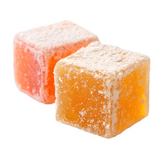 Fototapeta premium Two Cubes of Turkish Delight, Pink and Orange, with Powdered Sugar lokum sweets