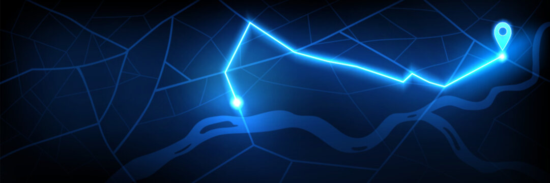 Neon digital navigation map with blue GPS pin on black background. Vector realistic illustration of streets, river and route destination marked on city plan, driving navigator, travel roadmap model