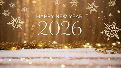 Happy new year 2026 greeting card with golden snowflakes and bokeh lights