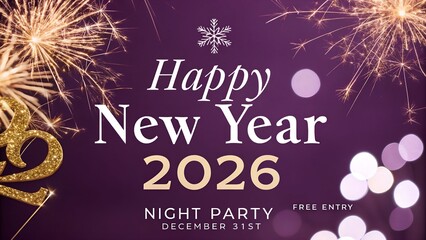 Happy new year 2026 night party invitation with fireworks and bokeh