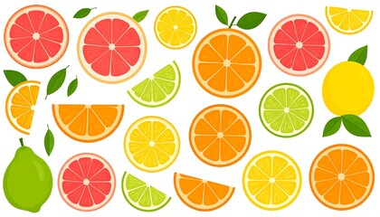 Colorful citrus slices and wedges arranged on a white background