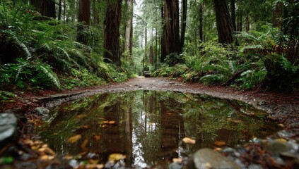 A tranquil forest path reflects in a puddle, surrounded by lush ferns and towering redwood trees under a misty sky