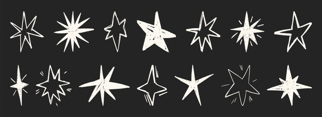 Hand drawn crayon stars set isolated on black background. Vector realistic illustration of white doodle sparks on chalk board, childish pattern design elements, grungy sketch art, stickers for school