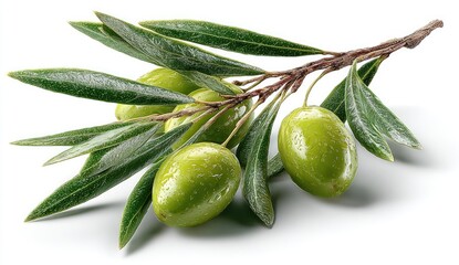 A branch of an olive tree laden with several glistening green olives and vibrant leaves, isolated against a stark white background