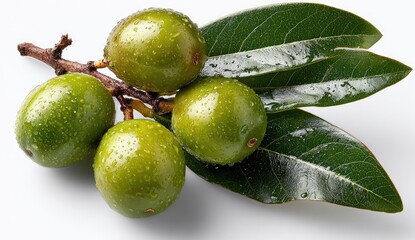 A cluster of five glossy, green fruits on a branch with vibrant, dewy leaves, isolated on a white background