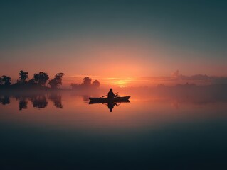 Ethereal Morning Mist - A Lone Kayaker Silhouetted Against a Fiery Sunrise.