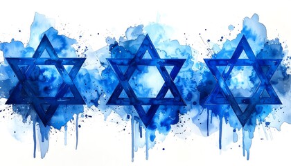 Abstract watercolor design featuring three blue Star of David