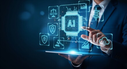 AI Microchip Hologram Above Tablet — Cybersecurity, Compliance & Cloud Integration Business Technology