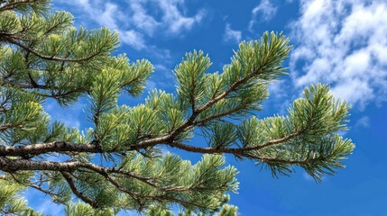 Obraz premium Pine tree branch against blue sky, sunny day, nature background, ideal for nature website
