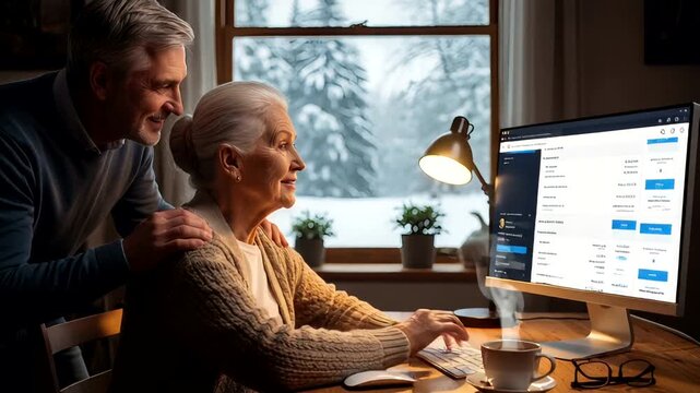 Senior couple managing finances and investments online, using computer technology