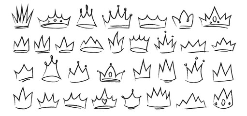 Hand drawn crowns set isolated on white background. Vector realistic illustration of royal power symbol, black doodle diadems for poster design, sketch line art, winner success sign, tiara shape icon