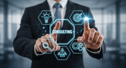 Business Consulting Concept – Lightbulb, Magnifying Glass, Teamwork, Gears, Target – Futuristic Corporate Layout