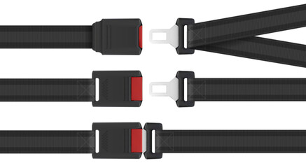 Black seatbelt buckle set with red release button and metal tongue for car safety equipment. Open and closed positions with textured strap. Vehicle restraint system components for automotive use.